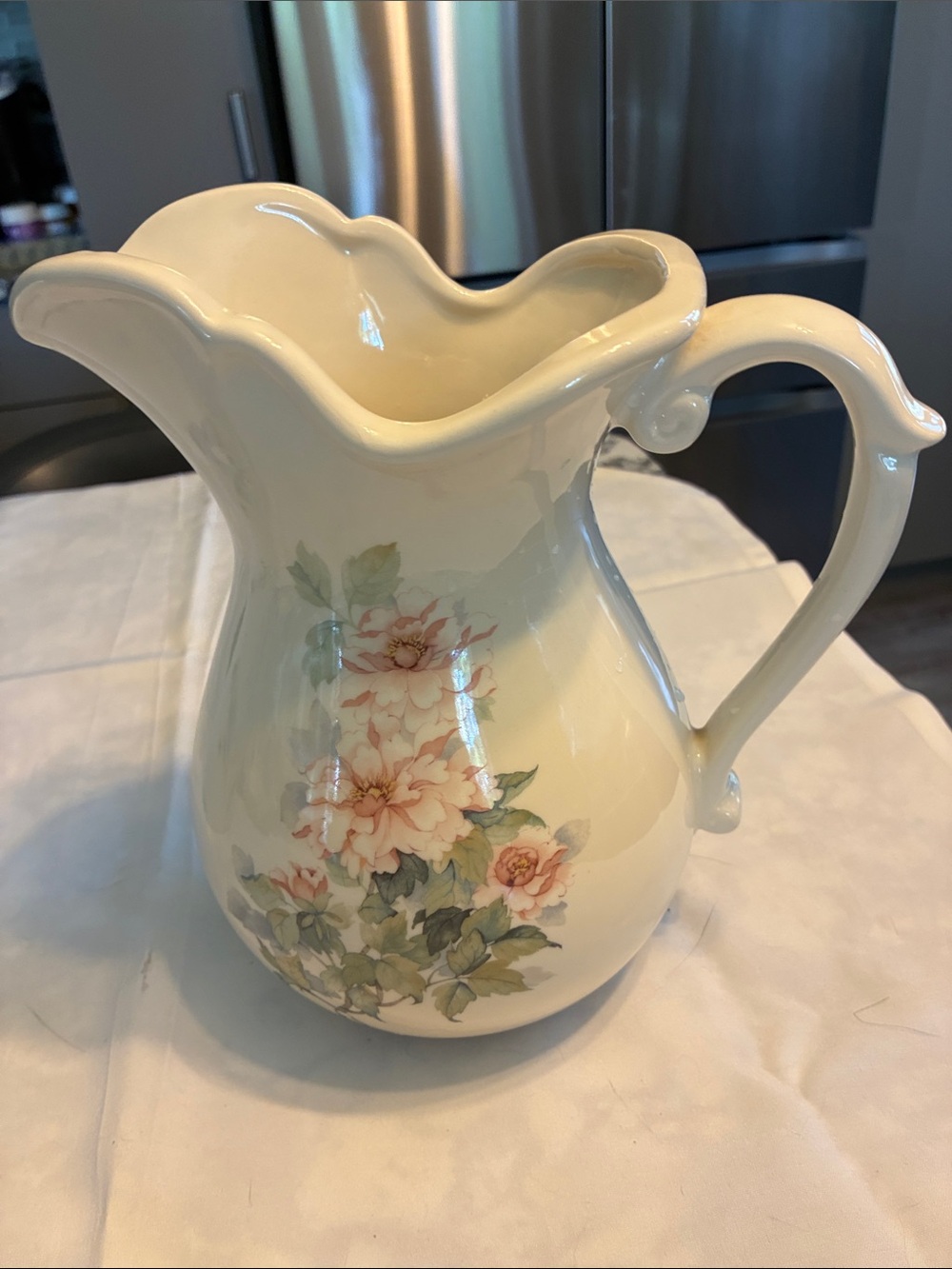 Floral Ceramic Pitcher Vase in Cream with Pastel Pink Flowers